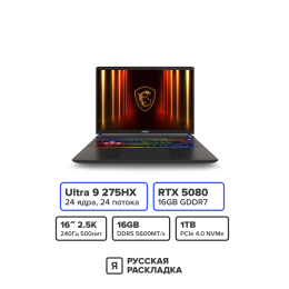 16" Игровой ноутбук MSI Vector 16 A2XWIG-021CN Intel Ultra 9 275HX RTX 5080 IPS 2.5K 240 Гц RAM 16 ГБ SSD 1 ТБ Cерый