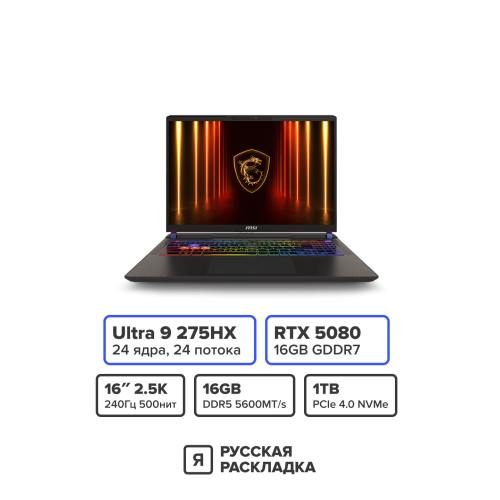16" Игровой ноутбук MSI Vector 16 A2XWIG-021CN Intel Ultra 9 275HX RTX 5080 IPS 2.5K 240 Гц RAM 16 ГБ SSD 1 ТБ Cерый