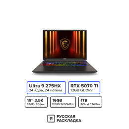 16" Игровой ноутбук MSI Vector 16 A2XWHG-438CN Intel Ultra 9 275HX RTX 5070 Ti IPS 2.5K 240 Гц RAM 16 ГБ SSD 1 ТБ Cерый