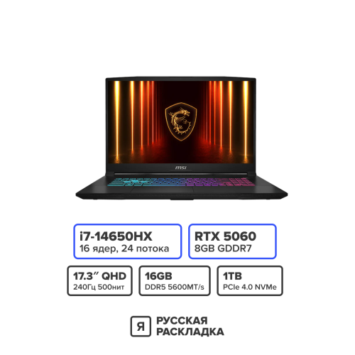 17.3" Игровой ноутбук MSI Katana 17 B14WFK-096CN Intel i7-14650HX RTX 5060 IPS 2.5K 240 Гц RAM 16 ГБ SSD 1 ТБ Чёрный
