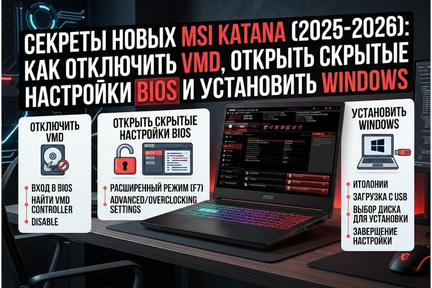 Секреты новых MSI Katana (2025-2026): Как отключить VMD, открыть скрытые настройки BIOS и установить Windows