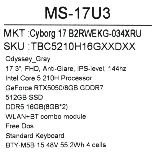 17.3" Ноутбук MSI Cyborg 17 B2RWEKG-034XRU черный