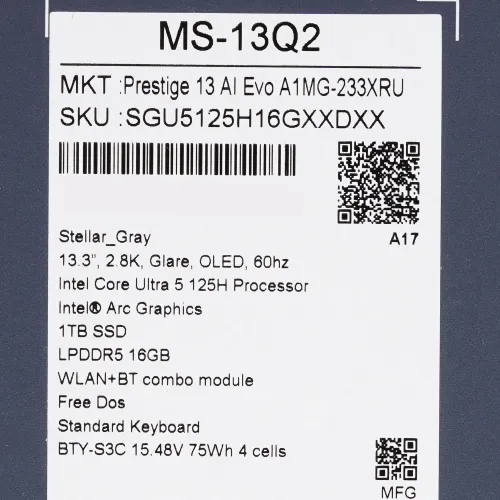 13.3" Ноутбук MSI Prestige 13 Al Evo A1MG-233XRU серый